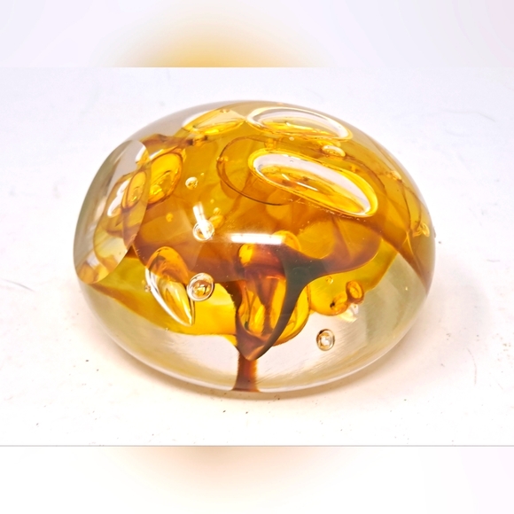 Art Glass Paperweight With Amber Swirl Inside - Picture 2 of 6